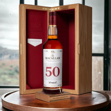 Macallan 50 Red Collection in its red lacquered luxury case with magnetic closure