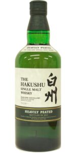 Suntory Hakushu Heavily Peated 2013 bottle with black label and red peat symbol, 700ml, 58.7% ABV