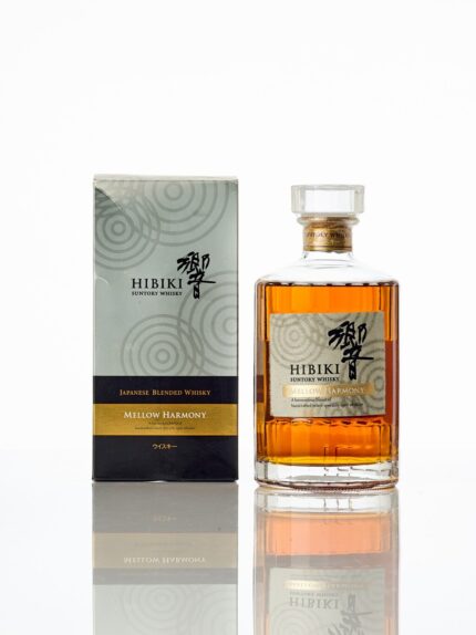 Hibiki Mellow Harmony bottle in its light-toned gift box with subtle gold accents