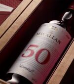 The Macallan 50 Red Collection crystal decanter with deep red liquid, 700ml, 45.1% ABV