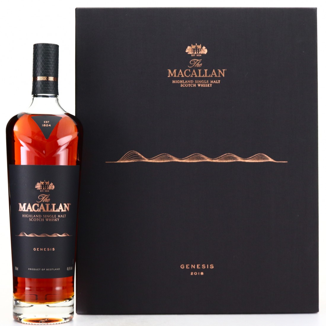 Macallan genisis whiskey Macallan Genesis in its collector’s gift box featuring 1824 archival design elements