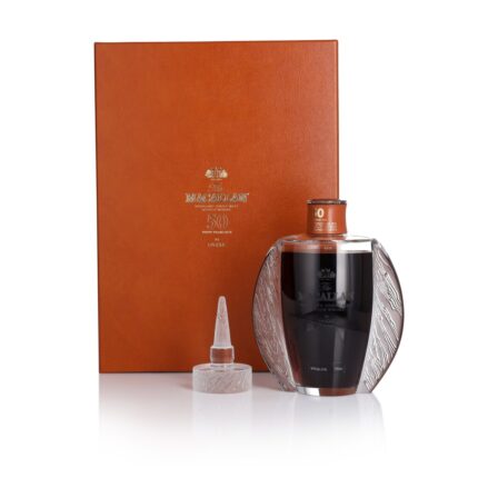 Macallan 50 Lalique in its solid oak presentation case with Lalique crystal decanter