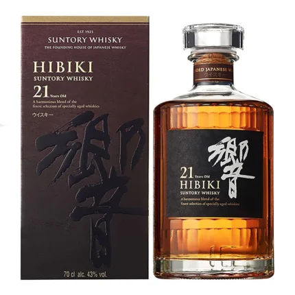 Hibiki 21 Year Old bottle with 24-faceted glass and deep gold label, 700ml, 43% ABV