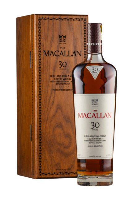 Macallan 30 Year Old in its luxury wooden gift box with Macallan crest