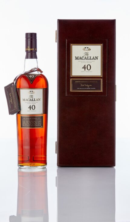 Macallan 40 Year Old 2005 in its original wooden gift box with 2005 bottling year and Macallan crest
