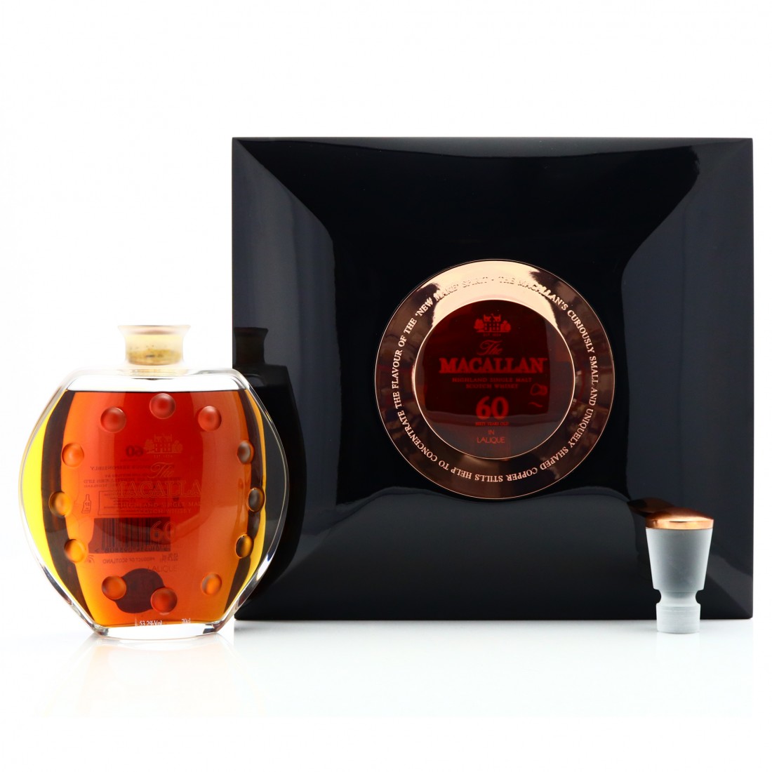 macallan 60 yrs lalique Macallan 60 Lalique in its solid oak presentation case with Six Pillars engraving