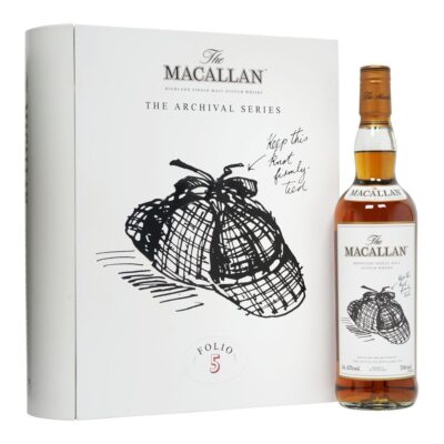 Macallan Folio 5 in its luxury black gift box with matte finish and gold calligraphy, travel retail exclusive