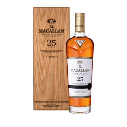 Macallan 25 Year Old in its premium wooden gift box with Macallan crest and 2023 bottling year
