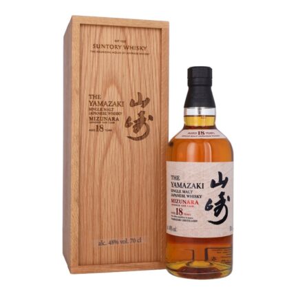 Yamazaki 18 Mizunara in its distillery-exclusive gift box with Japanese oak motif