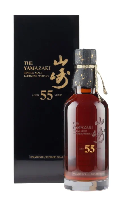 Yamazaki 55 Year Old in its paulownia wood box with gold Suntory crest