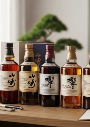 Beginner’s Japanese whisky collection bottles arranged neatly on wood shelf with bonsai plant and handwritten notebook nearby