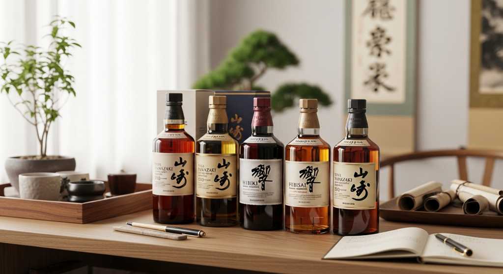 Beginner’s Japanese whisky collection bottles arranged neatly on wood shelf with bonsai plant and handwritten notebook nearby